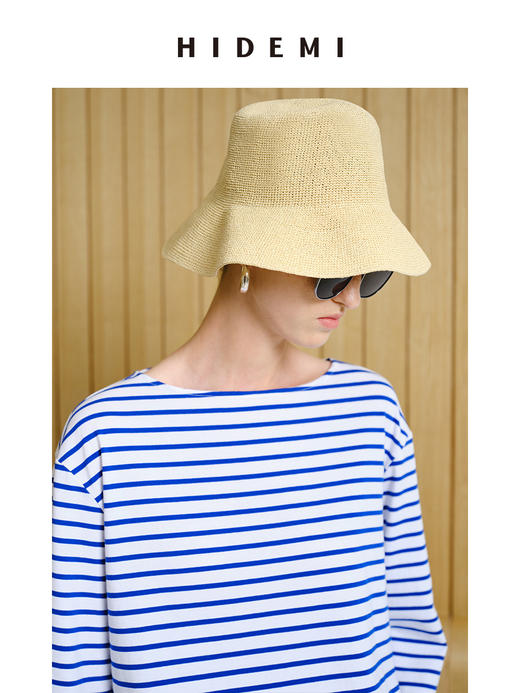 HIDEMI 度假系列手工编织渔夫帽草帽 米色/深蓝色 商品图1