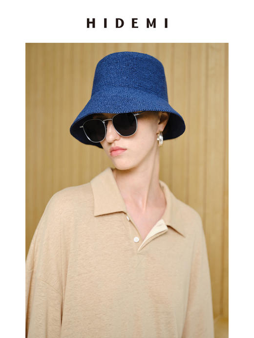 HIDEMI 度假系列手工编织渔夫帽草帽 米色/深蓝色 商品图9