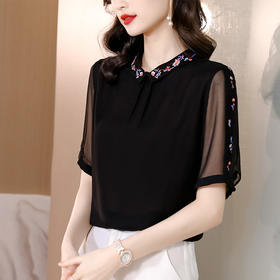 黑色短袖休闲宽松Polo领绣花上衣MZ802505