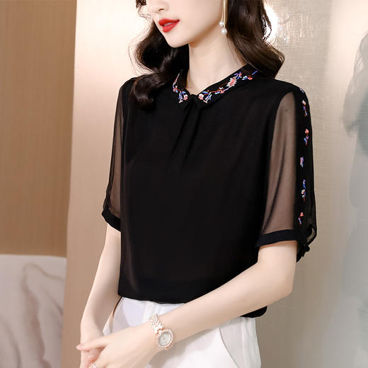 黑色短袖休闲宽松Polo领绣花上衣MZ802505 商品图0