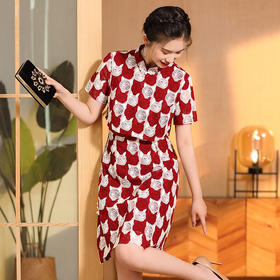 AYK-QF-220331鸿运喵针织拼接立领a字改良旗袍连衣裙夏季时尚精品短袖国风女装