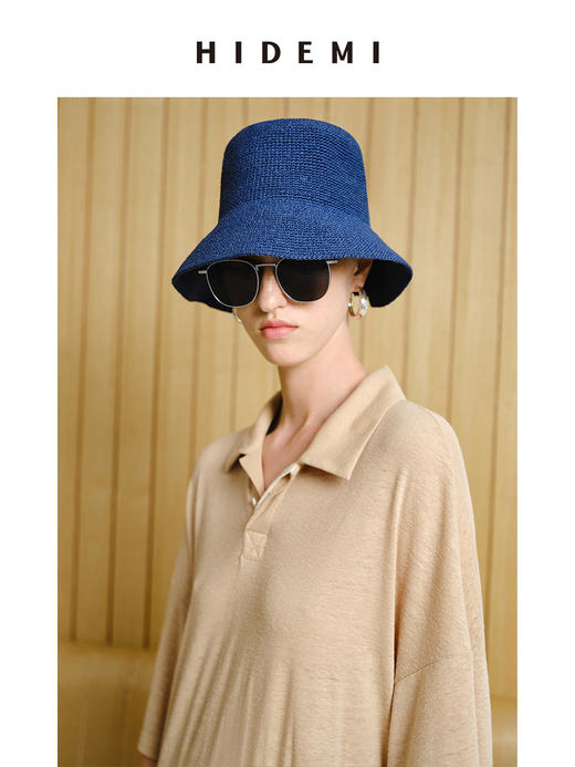 HIDEMI 度假系列手工编织渔夫帽草帽 米色/深蓝色 商品图5