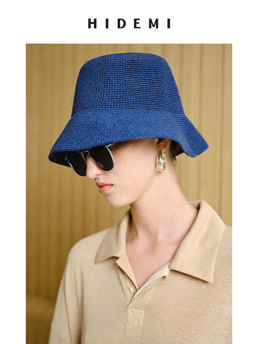 HIDEMI 度假系列手工编织渔夫帽草帽 米色/深蓝色 商品图10