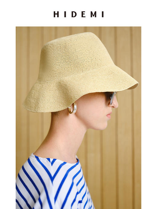 HIDEMI 度假系列手工编织渔夫帽草帽 米色/深蓝色 商品图3