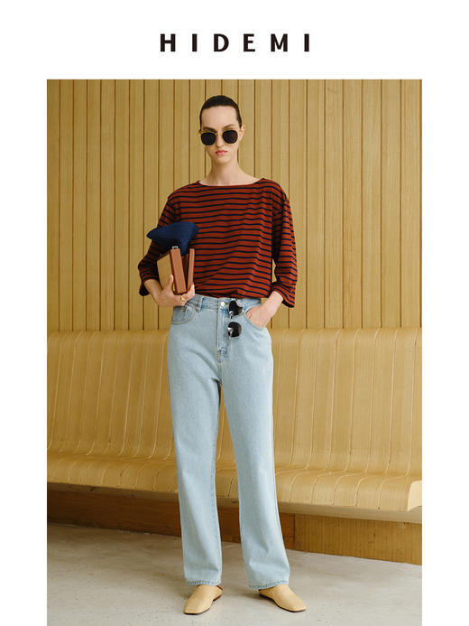 HIDEMI 度假系列海军条纹一字领七分袖上衣  蓝白/棕蓝 商品图0