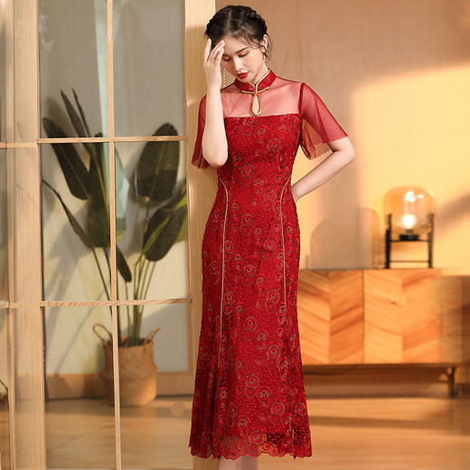 AYK-QF-220428水溶网纱圆轮花喇叭袖立领拼接旗袍改良鱼尾连衣裙夏时尚国风女装 商品图3