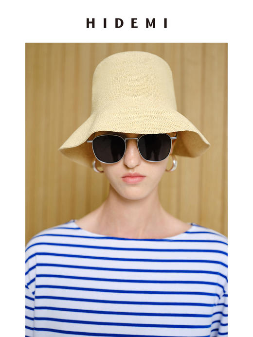 HIDEMI 度假系列手工编织渔夫帽草帽 米色/深蓝色 商品图0