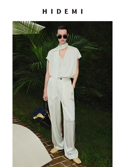 HIDEMI 度假系列浮雕水波纹设计感丝巾式廓形套装 上衣/长裤 商品图0