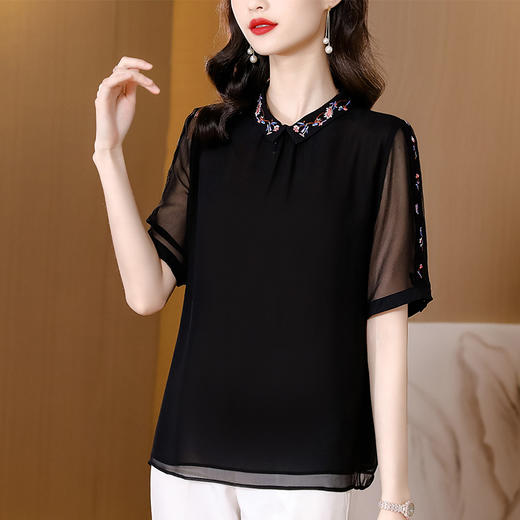 黑色短袖休闲宽松Polo领绣花上衣MZ802505 商品图1