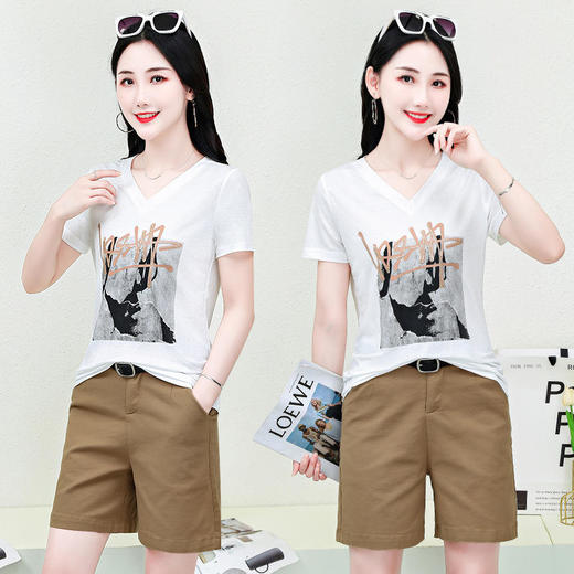 Y1705-套装V领短袖T恤女宽松显瘦正肩2022年新款夏季半袖休闲 商品图4