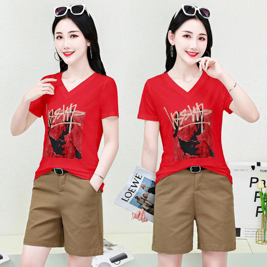 Y1705-套装V领短袖T恤女宽松显瘦正肩2022年新款夏季半袖休闲 商品图3