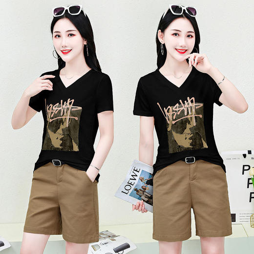 Y1705-套装V领短袖T恤女宽松显瘦正肩2022年新款夏季半袖休闲 商品图2