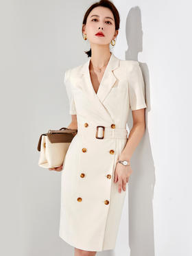 艾尚臣2022年夏新款双排扣职业西装连衣裙女法式收腰薄款女装裙子