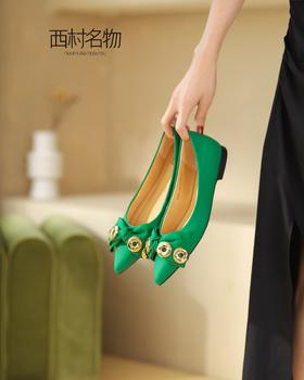 西村名物2022夏季新款圆头浅口蝴蝶结通勤行政粗跟百搭女鞋X22AE11521