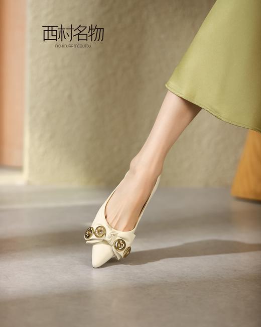 西村名物2022夏季新款圆头浅口蝴蝶结通勤行政粗跟百搭女鞋X22AE11521 商品图2