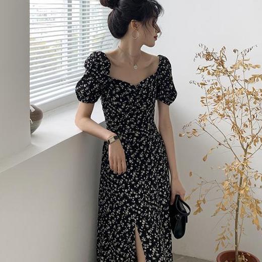 （清仓现货）【社群供K】雪纺设计感方领碎花开叉茶歇裙8 商品图0