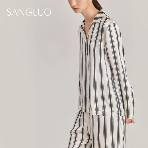 SANGLUO真丝睡衣套装时尚条纹宽松舒适情侣桑蚕丝宅家起居服 商品图1