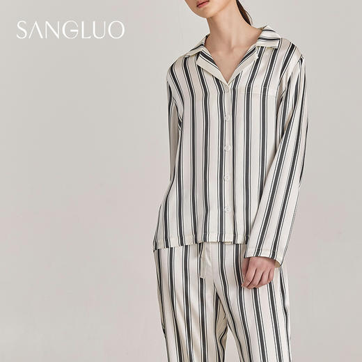 SANGLUO真丝睡衣套装时尚条纹宽松舒适情侣桑蚕丝宅家起居服 商品图0