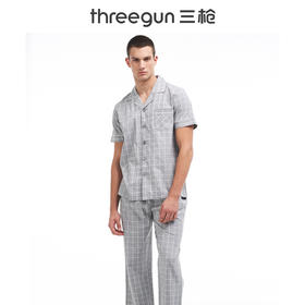 Threegun三枪 【花灰纯棉】彩格翻领开襟短袖长裤男士家居套家居服-81613D911