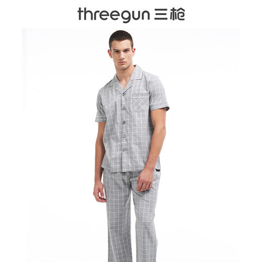 Threegun三枪 【花灰纯棉】彩格翻领开襟短袖长裤男士家居套家居服-81613D911 商品图0
