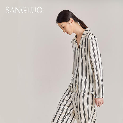 SANGLUO真丝睡衣套装时尚条纹宽松舒适情侣桑蚕丝宅家起居服 商品图4