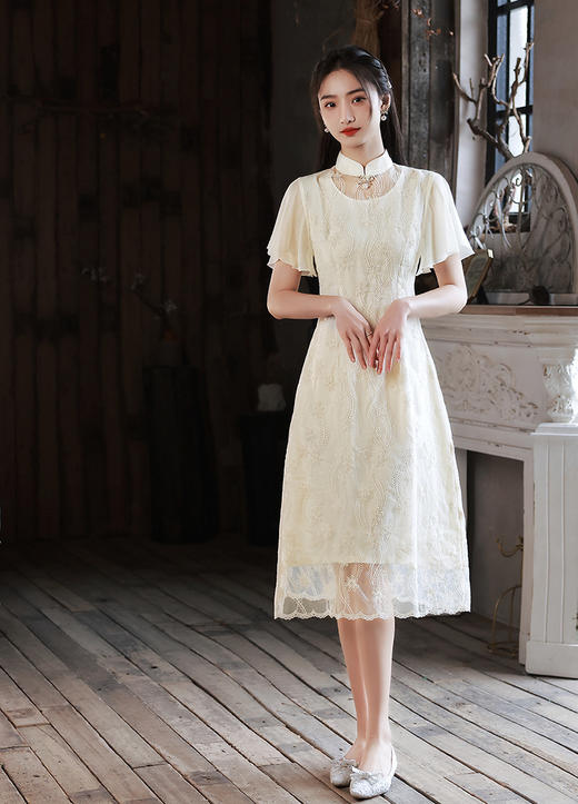 XL 2022年春夏新款双层蕾丝绣花改良奥戴年轻款修身遮肉旗袍连衣裙女 商品图1