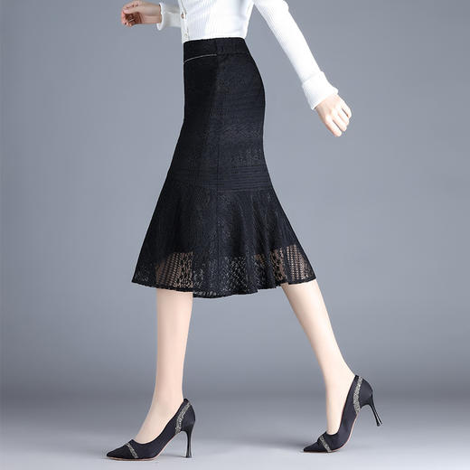 2022新款四季百搭蕾丝鱼尾裙中长裙半身裙高腰侧拉链微弹后腰松紧 AL20628 商品图2