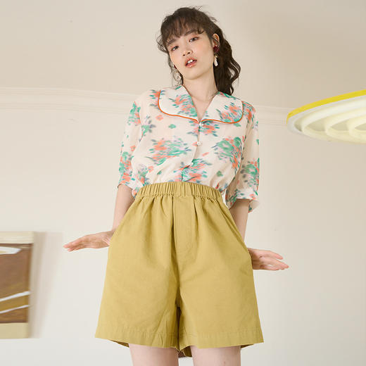 短裤 两三事杏仁奶露夏季 简约纯棉直筒高腰短裤女 商品图1