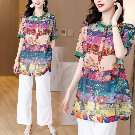 MZ802561 阔太太宽松遮肉高端大码女装纯苎麻亚麻上衣女夏季胖MM贵夫人衬衫 商品图1