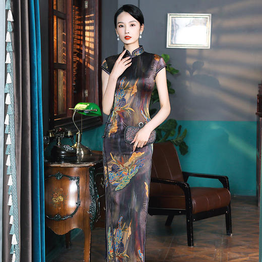 QX 10111真丝旗袍改良版长款桑蚕丝印花旗袍 商品图2