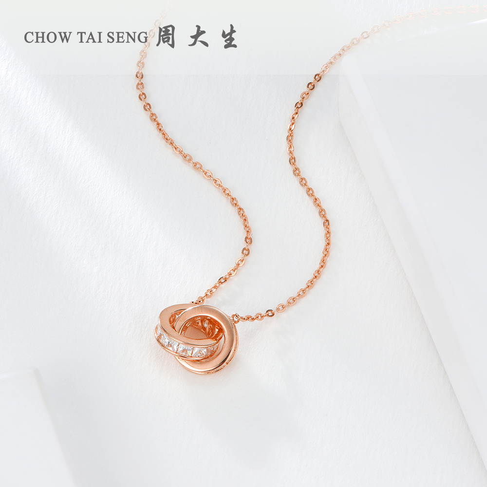 周大生S925银镶锆石项链女ins小众设计双环锁骨链