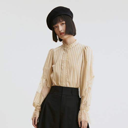 谜底长袖衬衫2022新款纯棉拼接蕾丝合体上衣女228MC6098 商品图0