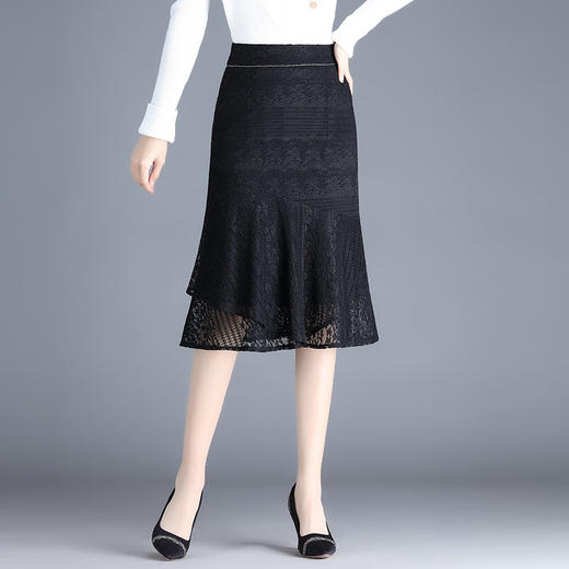 2022新款四季百搭蕾丝鱼尾裙中长裙半身裙高腰侧拉链微弹后腰松紧 AL20628 商品图1