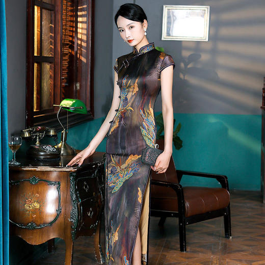 QX 10111真丝旗袍改良版长款桑蚕丝印花旗袍 商品图3