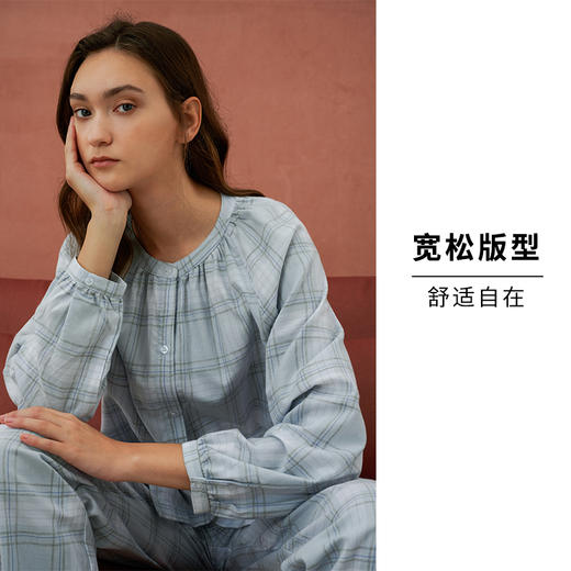 HSIA遐家居服套装女春秋款格纹开衫长袖直筒长裤纯棉宽松显瘦睡衣 商品图1