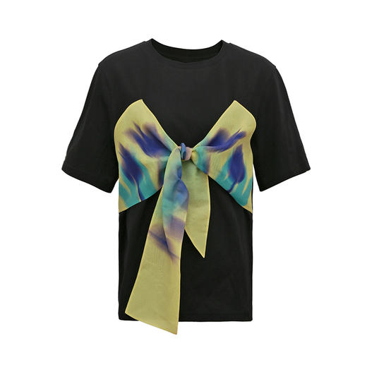 T恤 两三事迷蝶把戏 夏季新款时尚印花蝴蝶结拼接纯棉短袖t恤女 商品图4