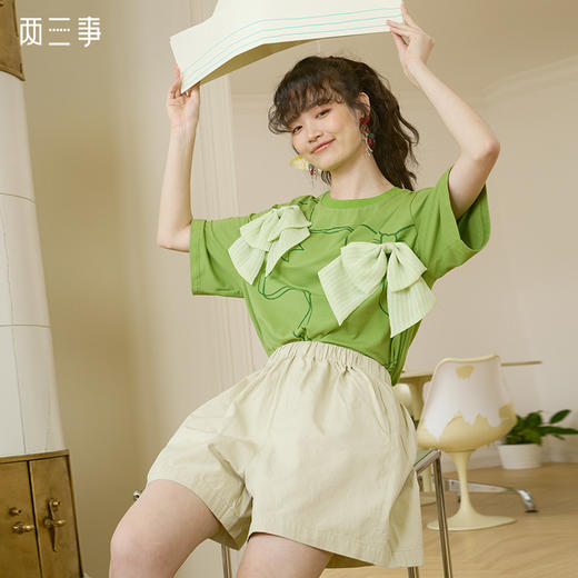 短裤 两三事杏仁奶露夏季 简约纯棉直筒高腰短裤女 商品图0