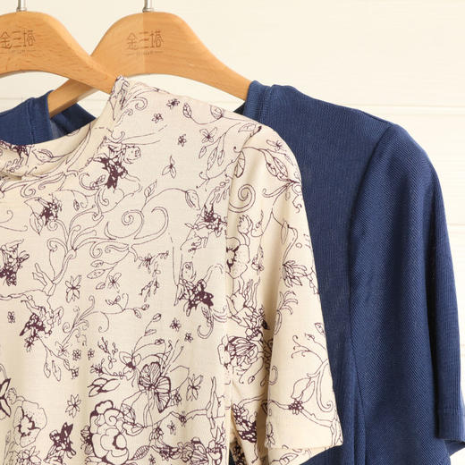 金三塔专供绢丝印花短袖T恤100%桑蚕丝  真丝女士罗纹短袖T  JLG004/JLG003 商品图1