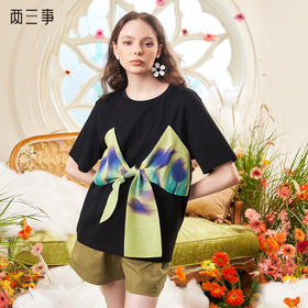 T恤 两三事迷蝶把戏 夏季新款时尚印花蝴蝶结拼接纯棉短袖t恤女