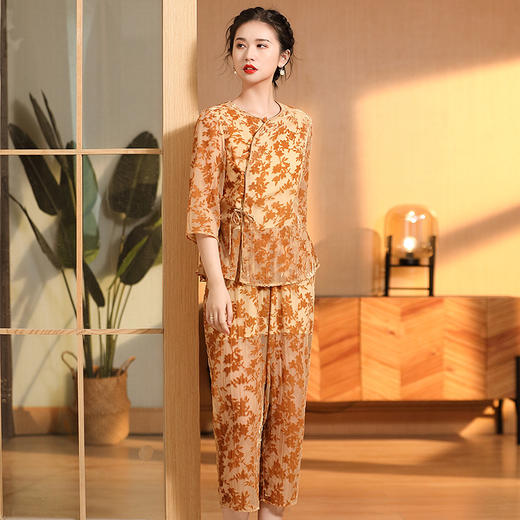 国风复古，圆领宽松上衣+九分裤精品烧花丝绒套装AYK-220512 商品图3