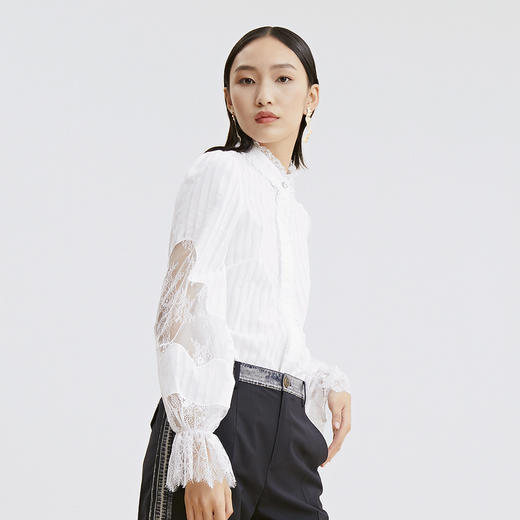 谜底长袖衬衫2022新款纯棉拼接蕾丝合体上衣女228MC6098 商品图1