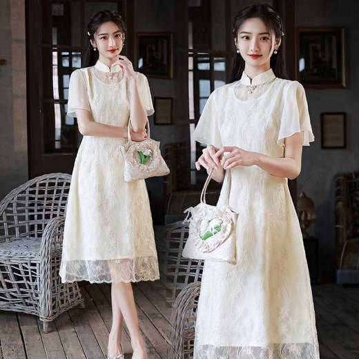 XL 2022年春夏新款双层蕾丝绣花改良奥戴年轻款修身遮肉旗袍连衣裙女 商品图3