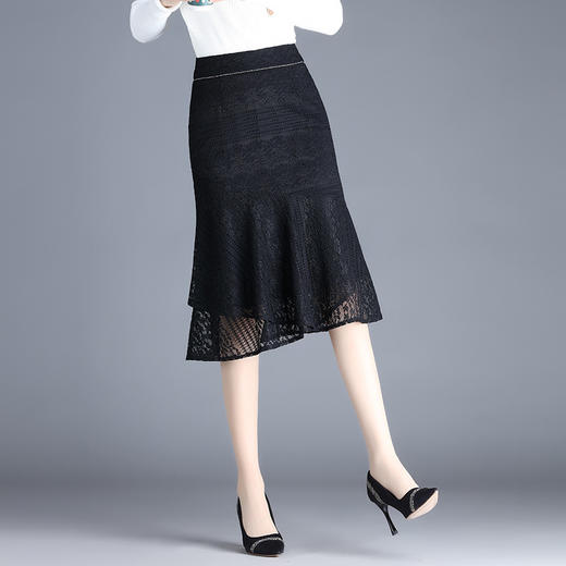 2022新款四季百搭蕾丝鱼尾裙中长裙半身裙高腰侧拉链微弹后腰松紧 AL20628 商品图0