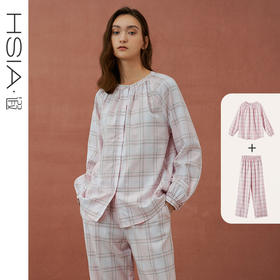HSIA遐家居服套装女春秋款格纹开衫长袖直筒长裤纯棉宽松显瘦睡衣