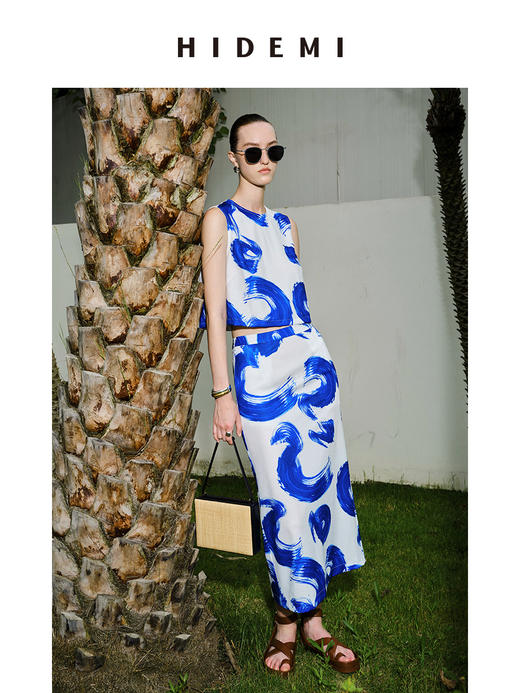 HIDEMI 度假系列自由之地蓝色手绘印花四件套 短衬衫/背心/半身裙/丝巾 商品图4