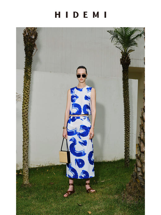 HIDEMI 度假系列自由之地蓝色手绘印花四件套 短衬衫/背心/半身裙/丝巾 商品图3