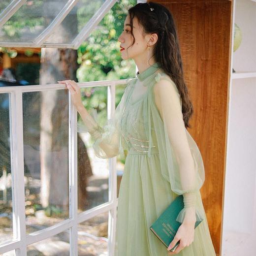 夏季文艺复古小清新绿色连衣裙，刺绣网纱长裙气质收腰显瘦设计感仙女裙LL-337161816559 商品图3