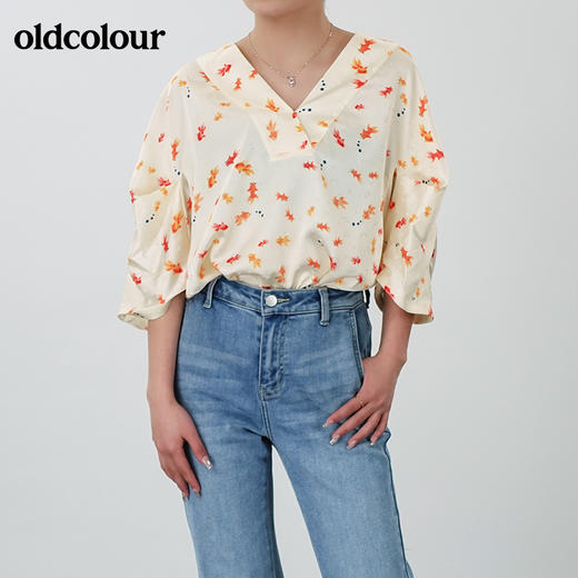 oldcolour2021夏V领套头宽松设计感休闲印花衬衫N22011292 商品图1