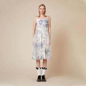 雍正十二月行乐图原创印花水晶纱吊带网纱连衣裙