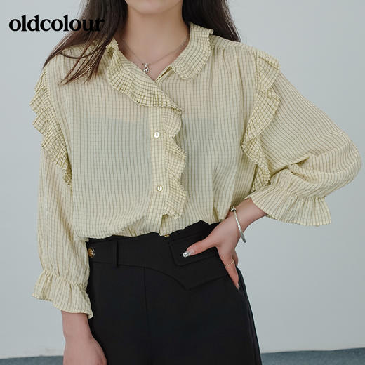 oldcolour2021夏荷叶边气质设计感时尚百搭压褶长袖衬衫N22012269 商品图1